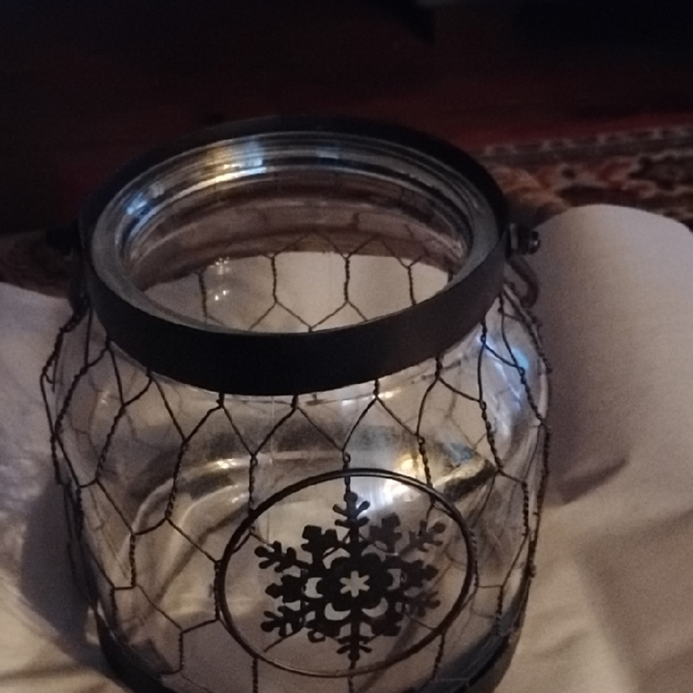 Black Metal Wire Lantern with Snowflake Design